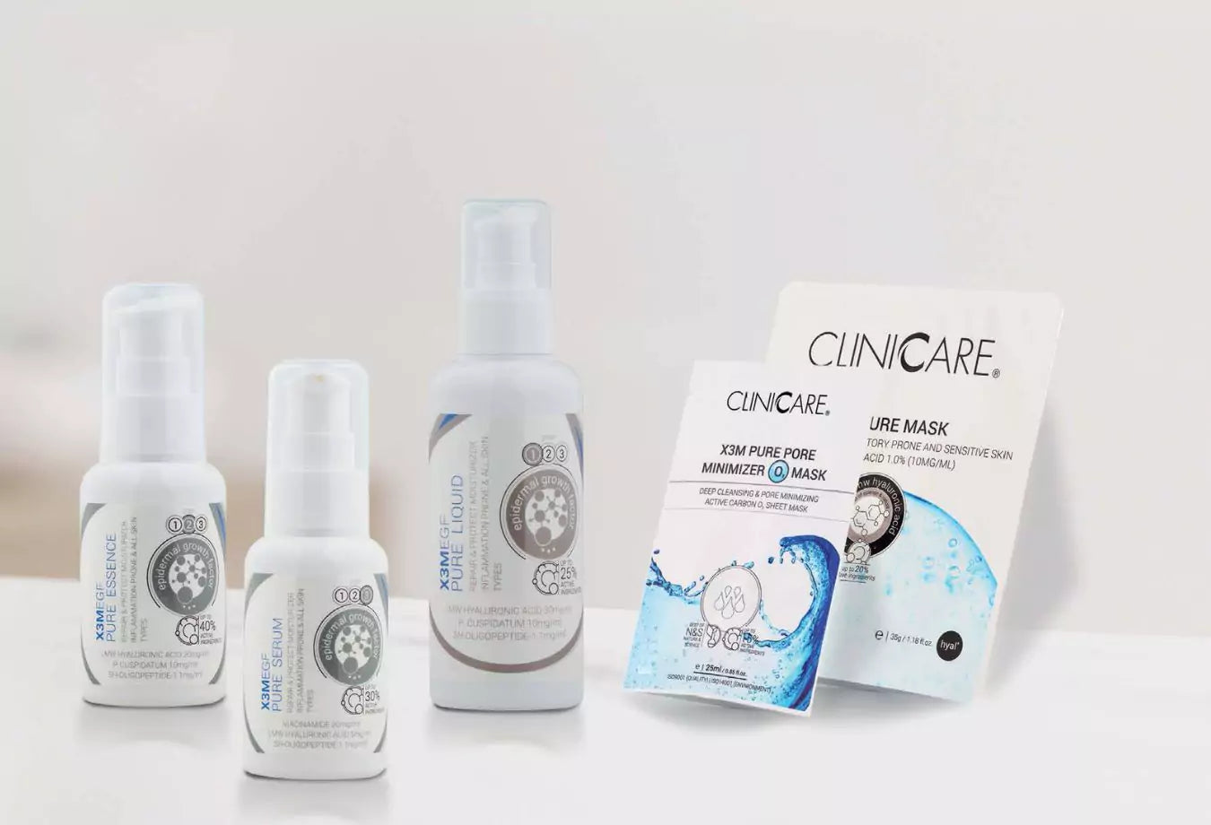 Pure serien flasker og sheet mask